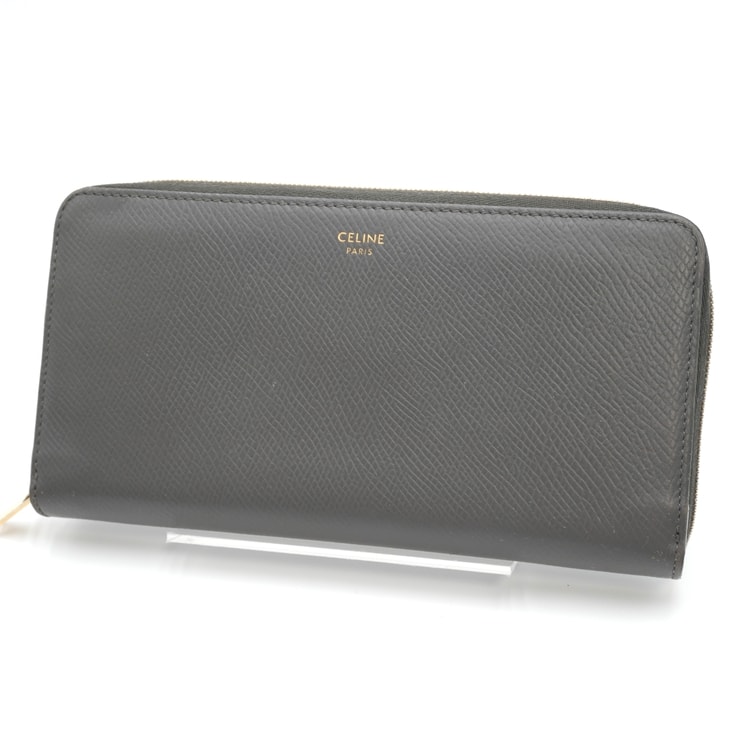 CELINE(セリーヌ)ラウンドジップ 長財布 ラウンドファスナーウォレット チャコールグレー レザー ゴールド金具 レディース【中古】