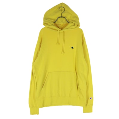 美品 Champion チャンピオン ワンポイントロゴ 長袖 マフポケット スウェットパーカー M イエロー