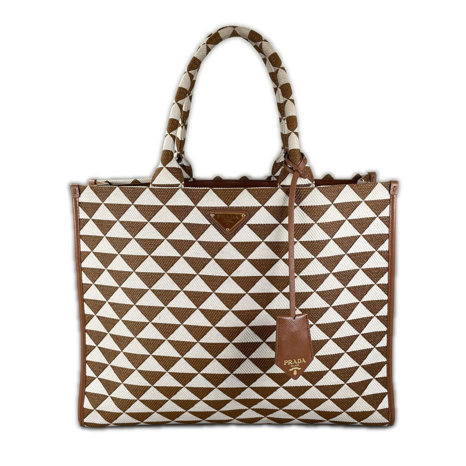 美品 PRADA プラダ シンボル エンブロイダリーファブリック トートバッグ ファブリック ブラウン レディース【中古】