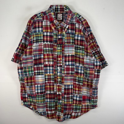 古着 ブルックスブラザーズ Brooks Brothers 半袖シャツ パッチワーク 1818 L レッド系 チェック メンズ