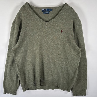 古着 90's/90年代 ポロバイラルフローレン Polo by Ralph Lauren ウールニットセーター Vネック ワンポイントロゴ刺繍 14041 グリーン系 メンズ