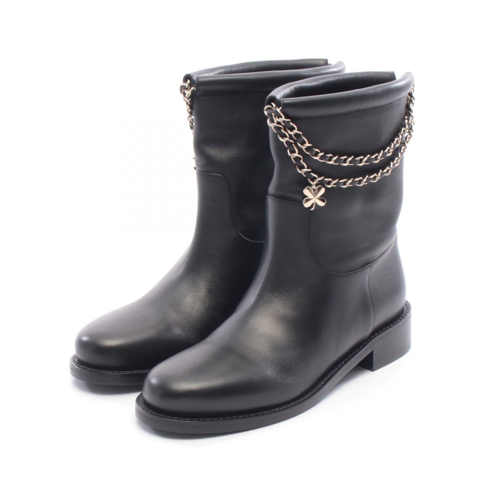 シャネル CHANEL ココマーク Wチェーン ショート ブーツ 靴 レザー レディース ブラック系 G46709 【中古】