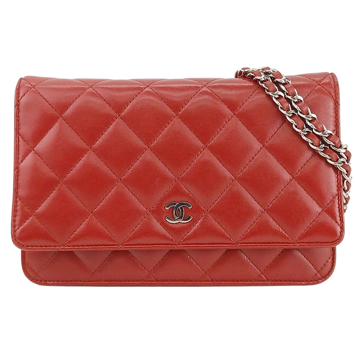 CHANEL シャネル マトラッセ チェーンウォレット ココマーク ショルダーバッグ A33814 ラムスキン レッド シルバー  レディース【中古】