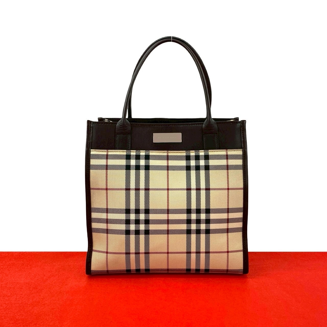 BURBERRY バーバリー ノバチェック 柄 ロゴ 金具 キャンバス レザー ハンドバッグ ブラウン
 39665