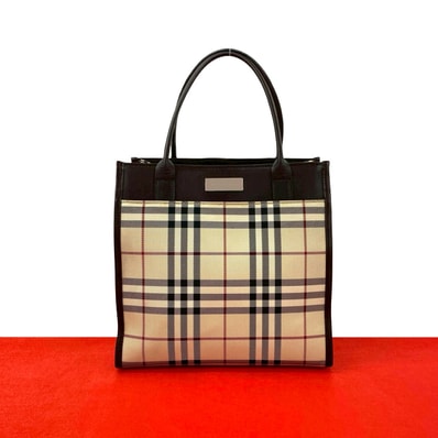 BURBERRY バーバリー ノバチェック 柄 ロゴ 金具 キャンバス レザー ハンドバッグ ブラウン
39665
