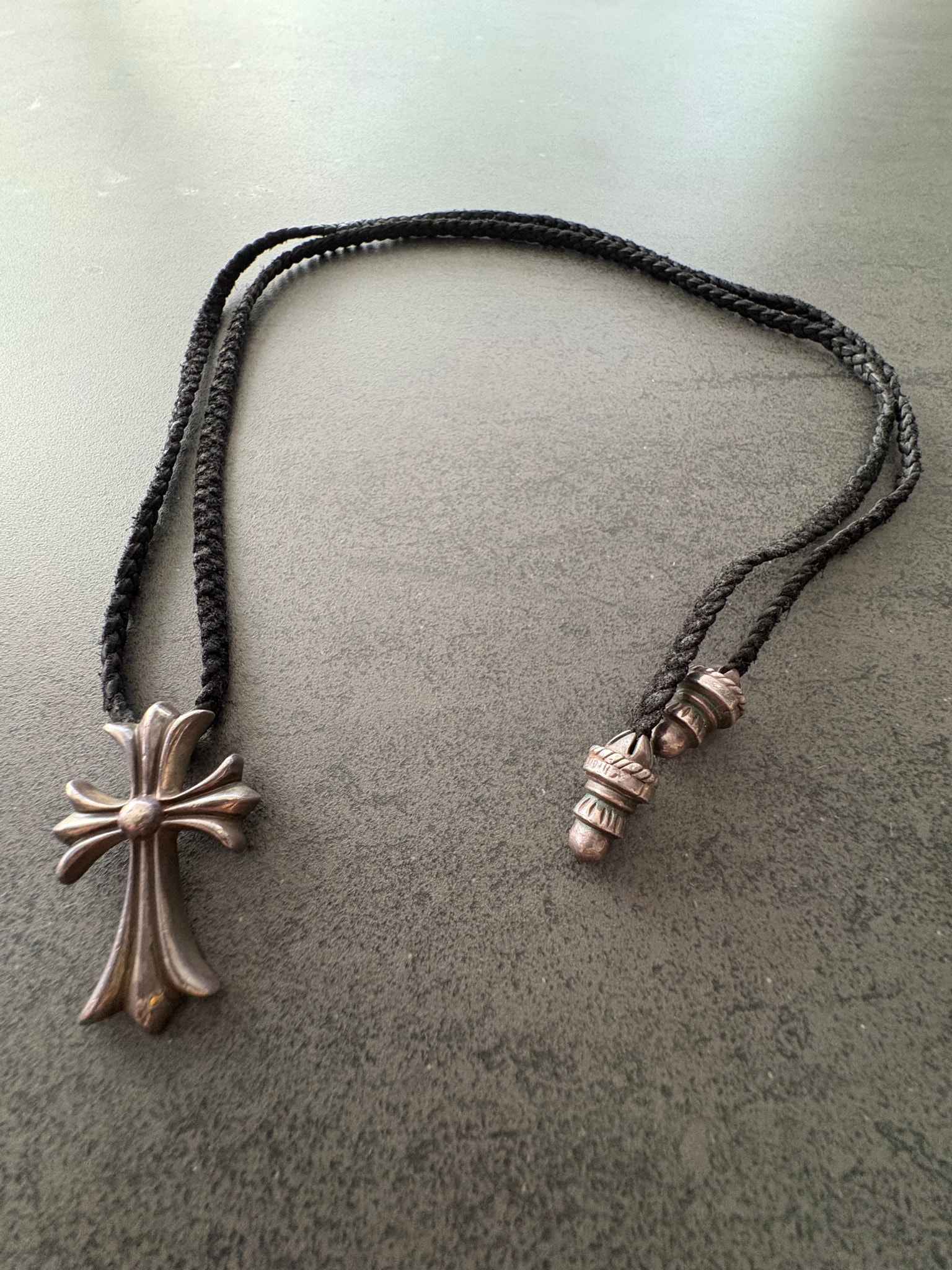 Chrome Hearts Small CH Cross Leather Braid W Bolo Tip Necklace "Silver"