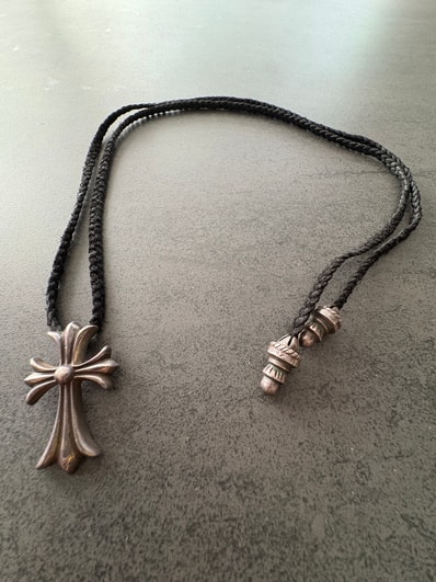 Chrome Hearts Small CH Cross Leather Braid W Bolo Tip Necklace "Silver"