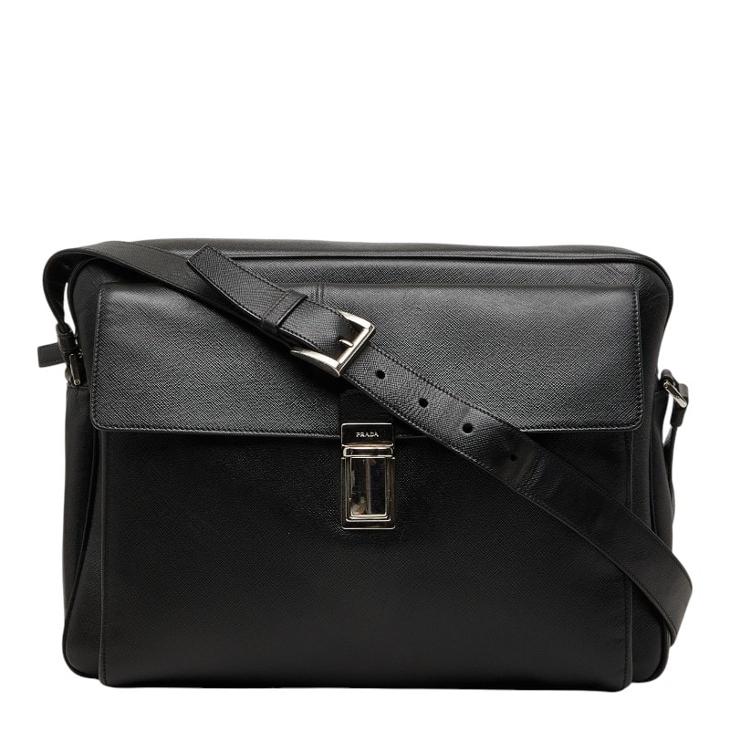 プラダ 三角ロゴプレート 斜め掛け キャリーオン ショルダーバッグ ブラック サフィアーノレザー メンズ PRADA 【中古】