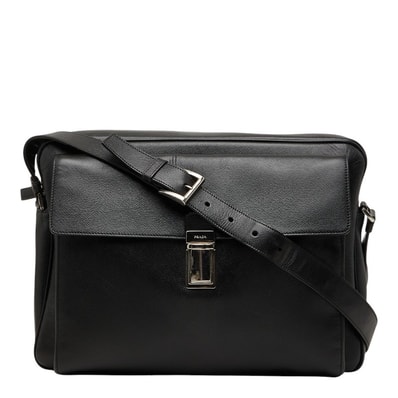 プラダ 三角ロゴプレート 斜め掛け キャリーオン ショルダーバッグ ブラック サフィアーノレザー メンズ PRADA 【中古】
