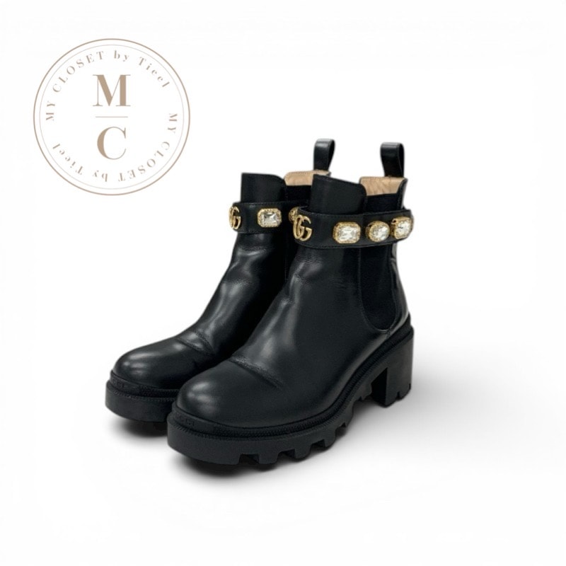 グッチ GUCCI ブーツ ショートブーツ 靴 シューズ レザー ブラック ビジュー GGマーモント ベルト サイドゴア