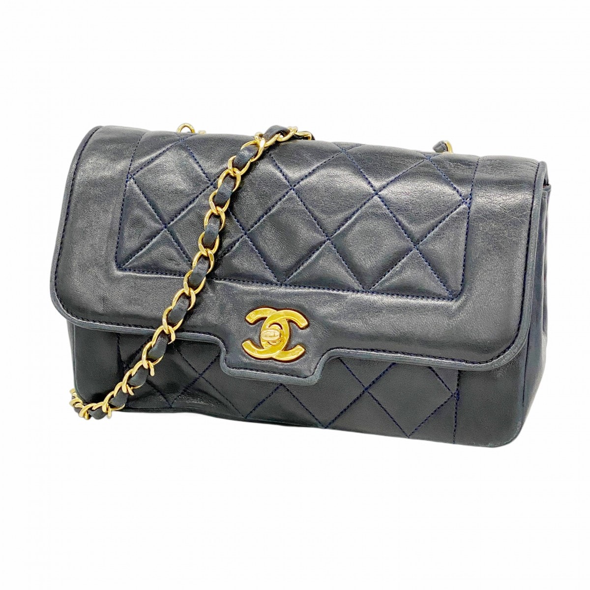 ★SALE【6da0061-k】シャネル ショルダーバッグ ダイアナ チェーンショルダー ラムスキン ネイビー ゴールド金具【中古】レディース