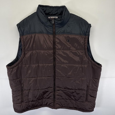 古着 チャンピオン Champion ダウンベスト 中綿ベスト ツートンカラー ワンポイントロゴ刺繍 フルジップ ブラウン メンズ