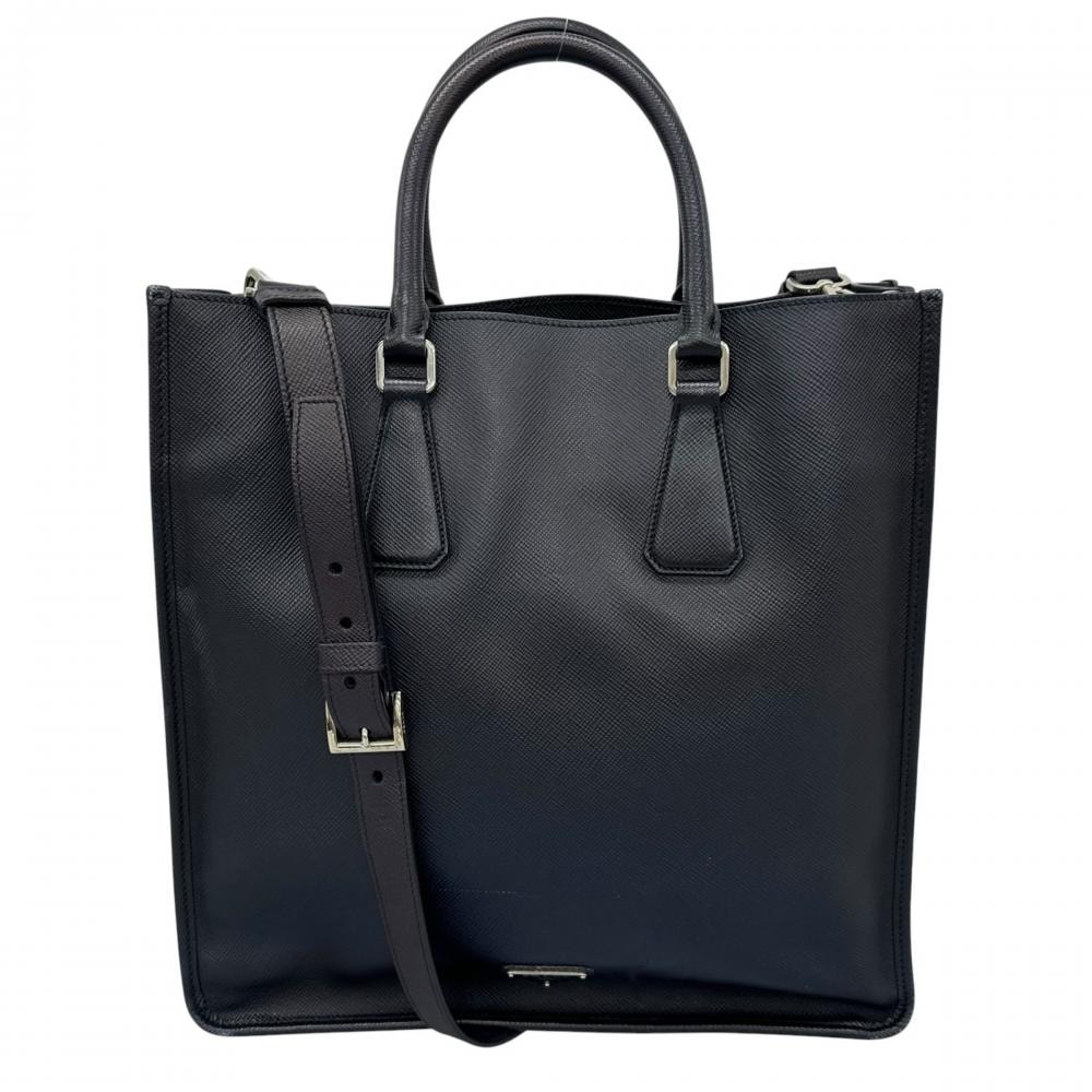 PRADA プラダ トートバッグ トライアングルロゴ  サフィアーノレザー   ブラック 黒 シルバー金具 メンズ【中古品】