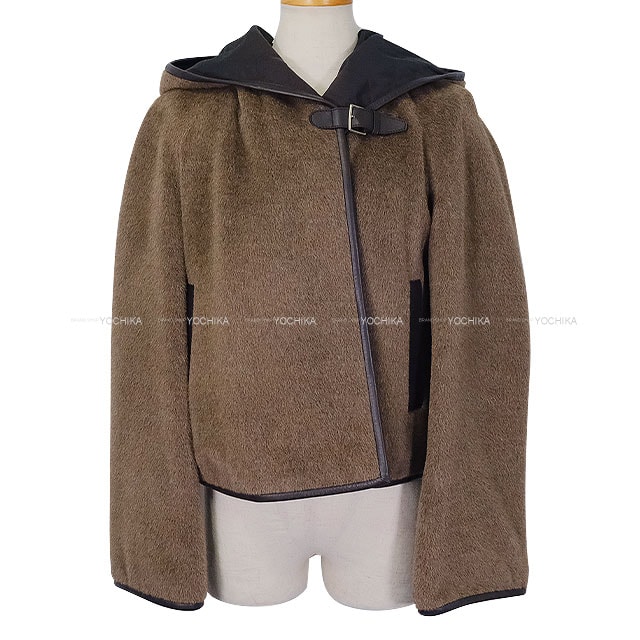 2024年秋冬 HERMES エルメス ステンカラーコート フーディ ベルト付 ブラウン アルパカ/ラムスキン #38 4H0198DE 新品同様【中古】