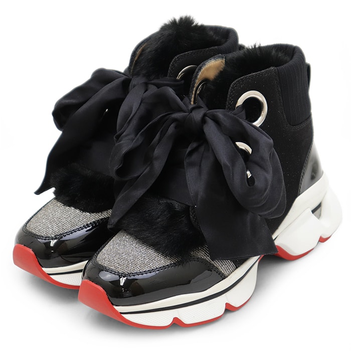 【新品同様】Christian Louboutin クリスチャンルブタン スニーカー サイズ 37 1/2 レディース ファー メタリック ラメ リボンシューレース シューズ 靴 袋・レシート付属ブラック シルバー 黒 銀色 イタリア製