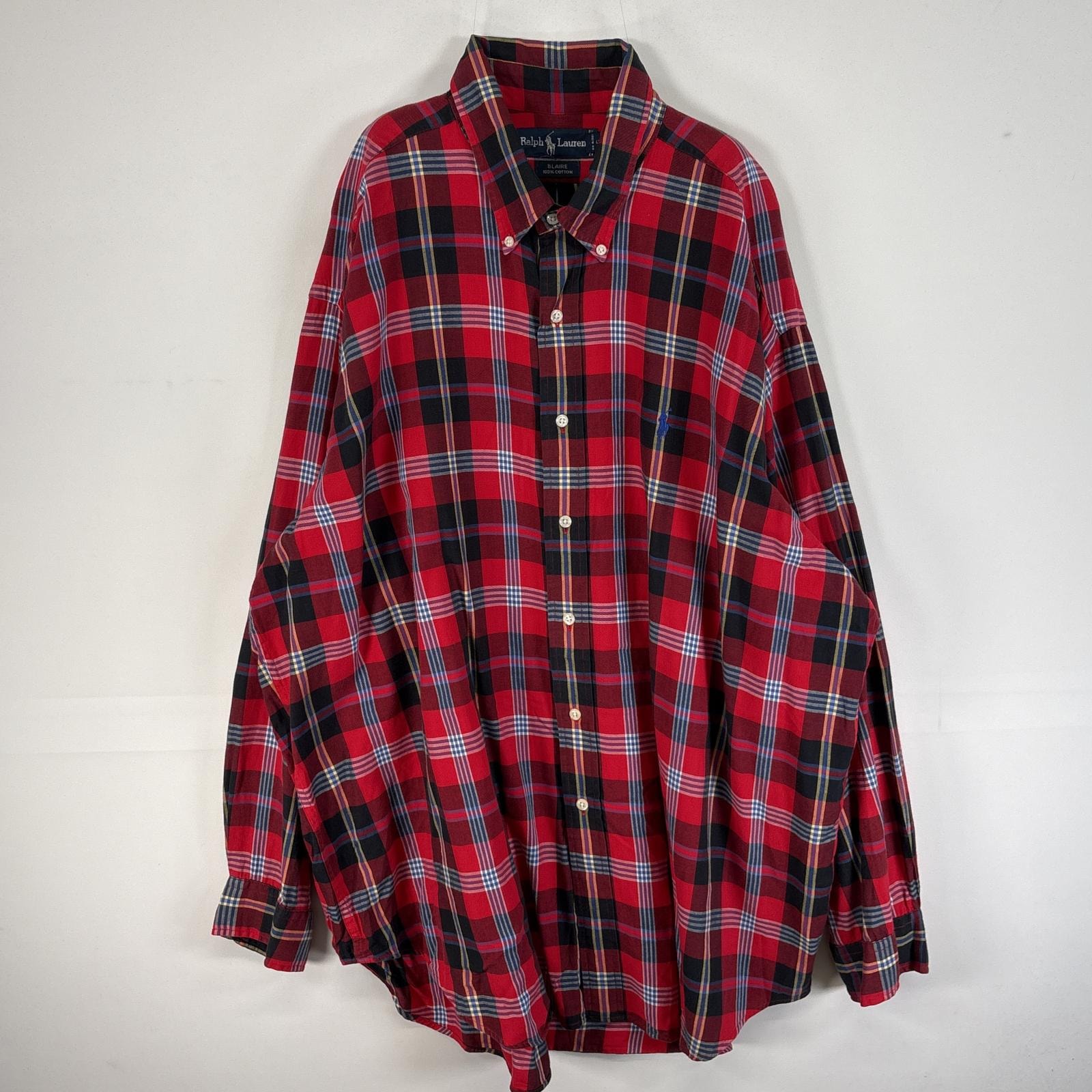 古着 ラルフローレン RALPH LAUREN 長袖シャツ チェック 大きいサイズ 薄手 ロゴ 刺繍 14041  レッド マルチカラー メンズ