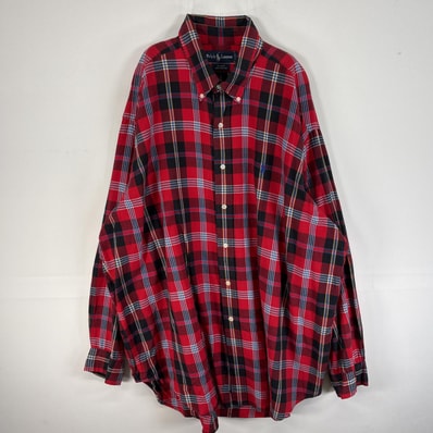 古着 ラルフローレン RALPH LAUREN 長袖シャツ チェック 大きいサイズ 薄手 ロゴ 刺繍 14041 レッド マルチカラー メンズ