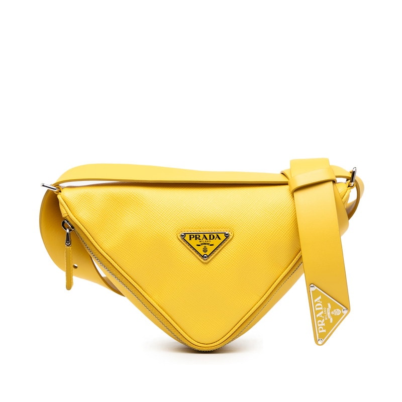 プラダ 三角ロゴプレート トライアングル ショルダーバッグ イエロー レザー サフィアーノレザー レディース PRADA 【中古】