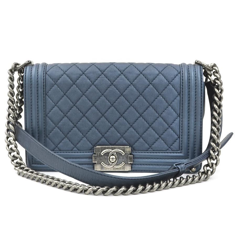 シャネル CHANEL ショルダーバッグ ボーイシャネル レザー メタリックネイビー レディース【中古】 90168a