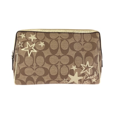 美品 COACH コーチ シグネチャー 星 ベージュ ブラウン ゴールド PVC ポーチ メイクポーチ 小物入れ 602653 【中古】
