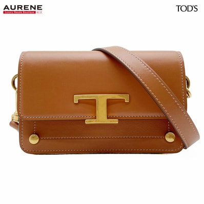TOD’S トッズ ショルダーバッグ Tタイムレス ミニポシェット Tロゴ レザー ブラウン レディース 【中古】