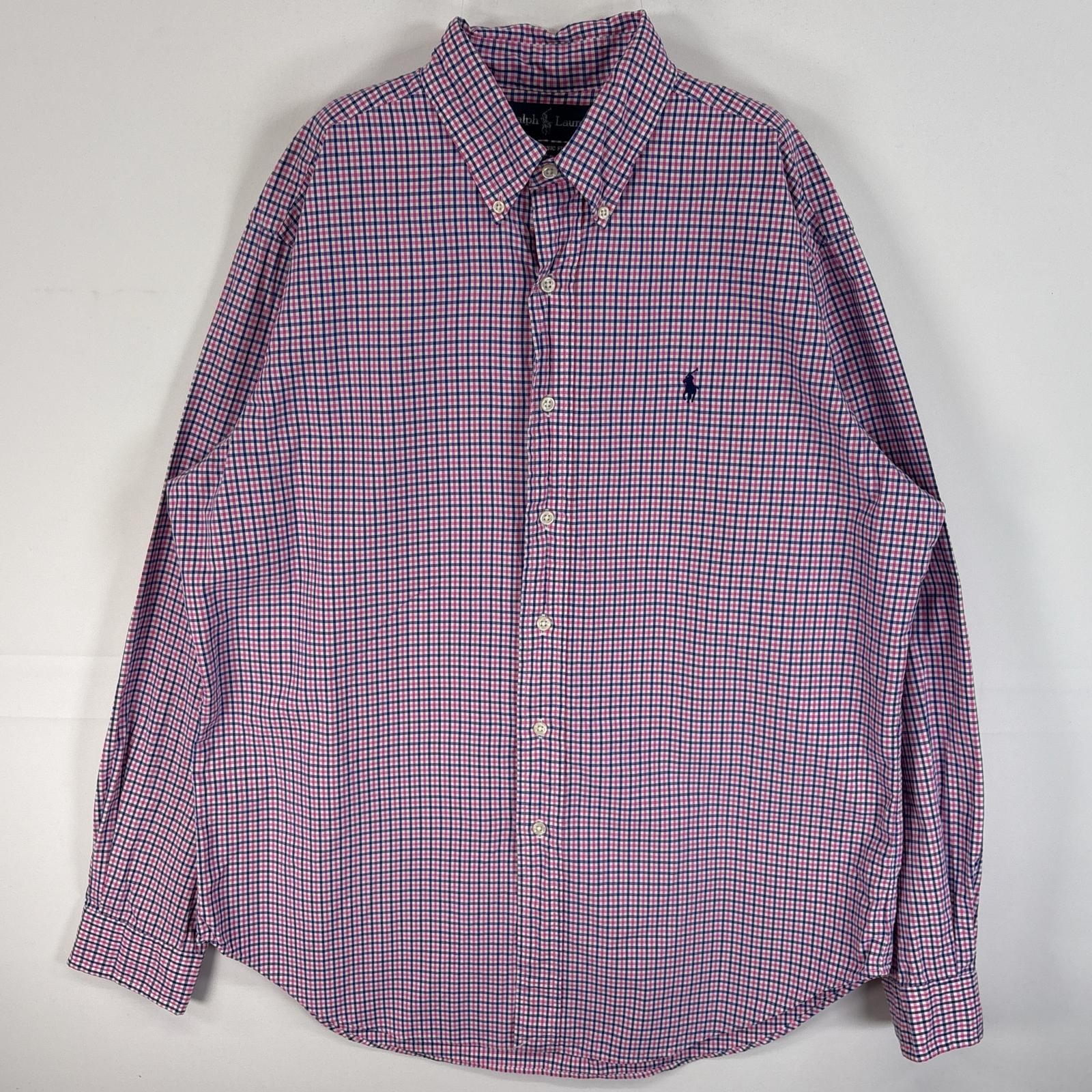 古着 90's/90年代 ラルフローレン RALPH LAUREN 長袖シャツ チェック柄 ロゴ 刺繍 ボタンダウン L  ピンク系 マルチカラー メンズ