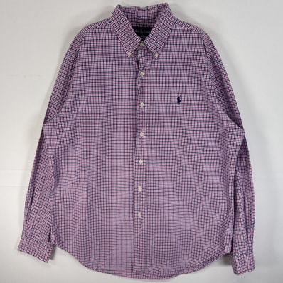 古着 90's/90年代 ラルフローレン RALPH LAUREN 長袖シャツ チェック柄 ロゴ 刺繍 ボタンダウン L ピンク系 マルチカラー メンズ