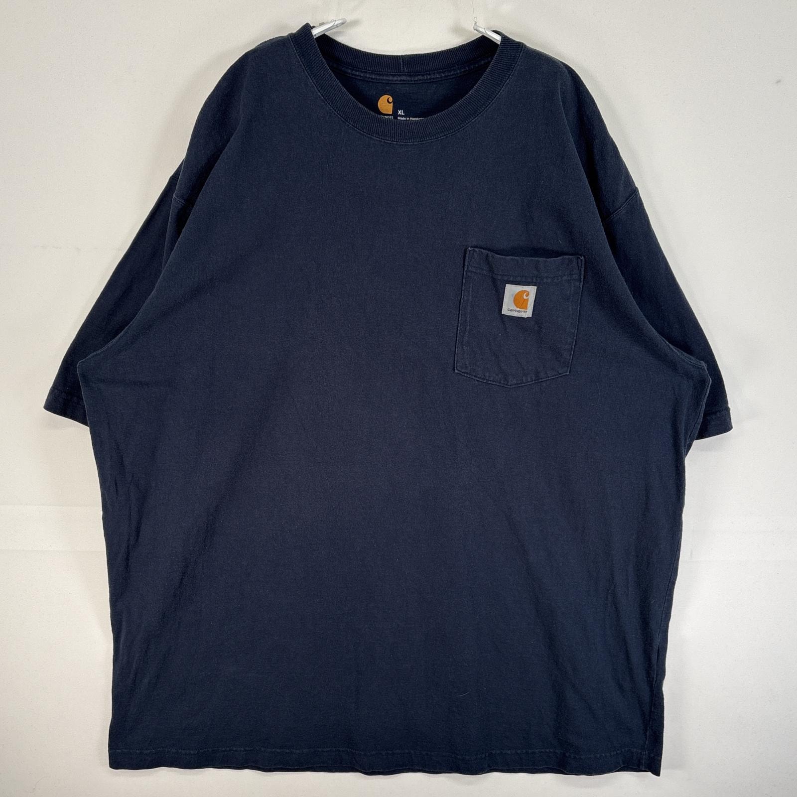 古着 カーハート Carhartt 半袖Tシャツ ワンポイント ロゴ 胸ポケ 大きいサイズ 肉厚 XL  ネイビー 無地 メンズ