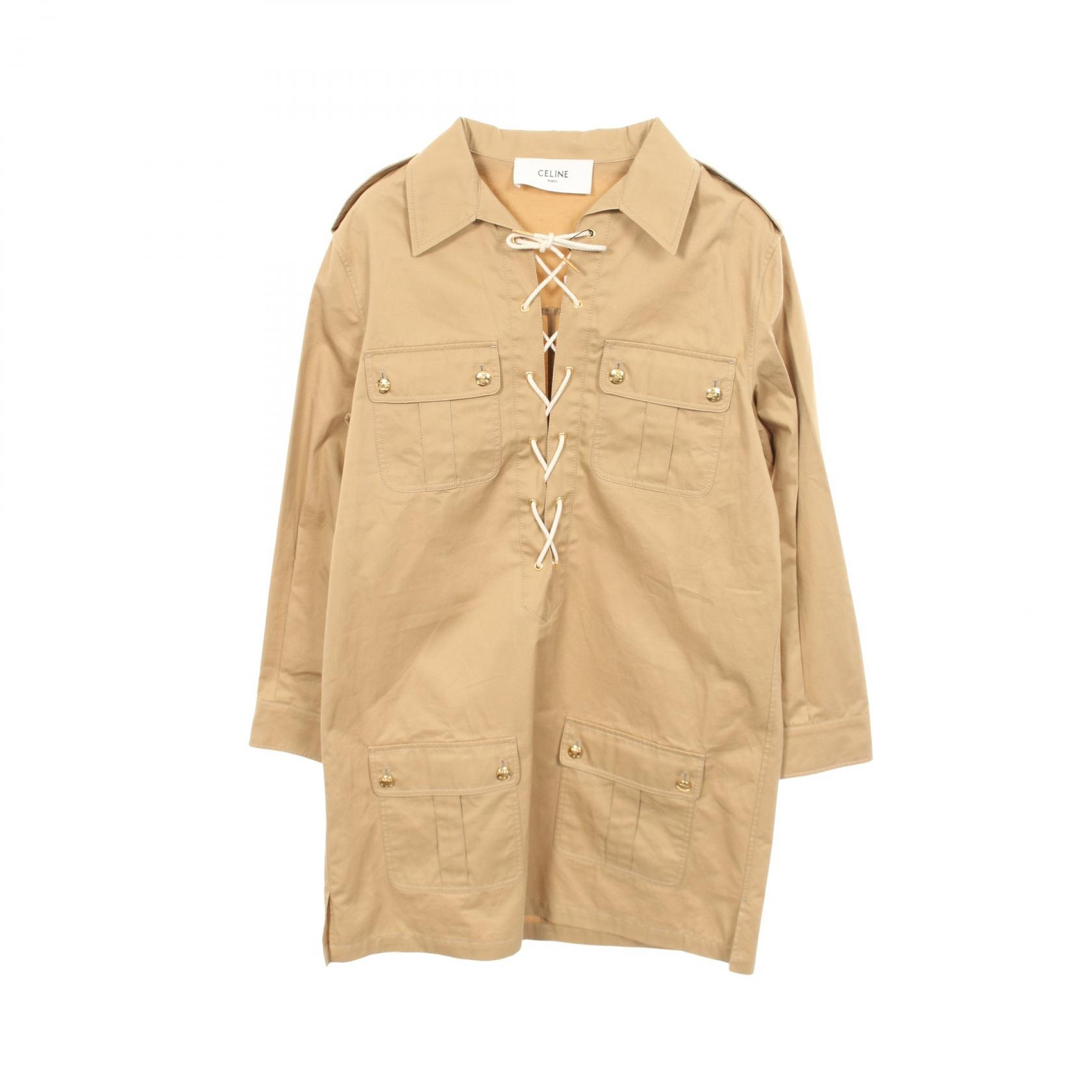 셀린느 CELINE 사파리 미니 드레스 드레스 의류 탑 코튼 레이디스 베이지 2Z490219I [중고]