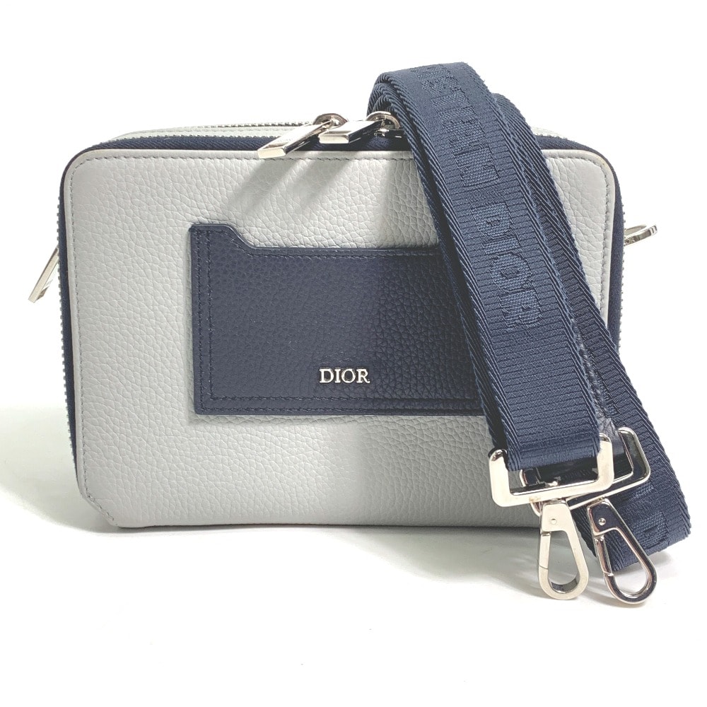 ディオール Dior 2PUBC120GBC H07E ロゴ カバン ダブルジップポケット ショルダーバッグ レザー グレー