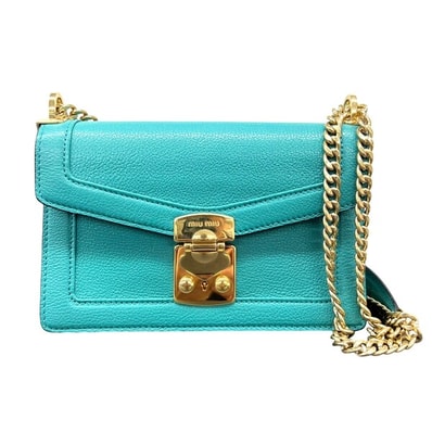 MIUMIU 極美品 ミュウミュウ コンフィデンシャル マドラス MADRAS チェーン ショルダーバッグ 5BD083 レザー グリーン ターコイズ クロスボディ ポシェット パーティーバッグ miumiu Aランク 中古 鑑定済 ミュウミュウバッグ
