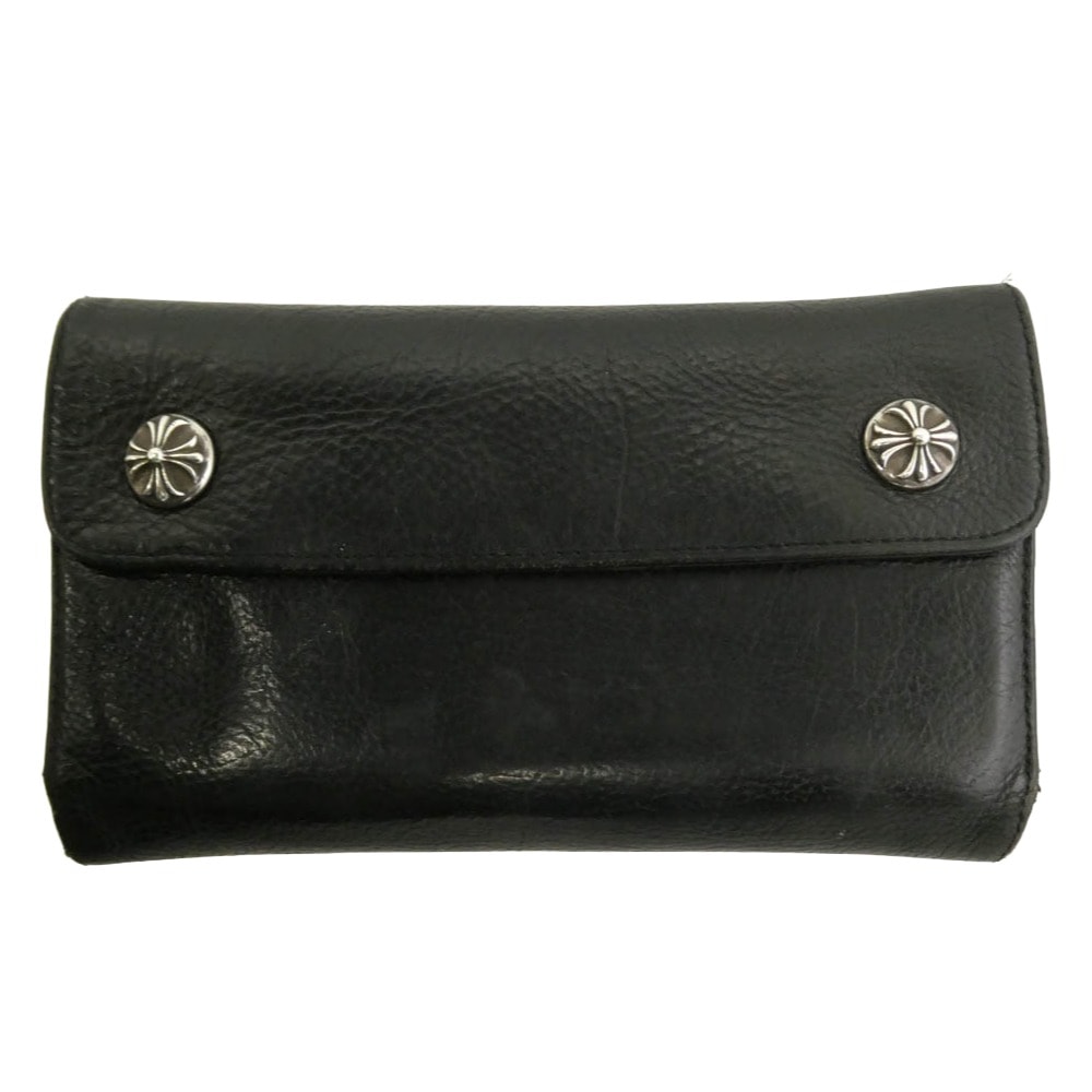 CHROME HEARTS クロムハーツ(原本無) WAVE クロスボールボタン ウェーブ レザー ロングウォレット ブラック系【中古】