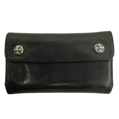 CHROME HEARTS クロムハーツ(原本無) WAVE クロスボールボタン ウェーブ レザー ロングウォレット ブラック系【中古】