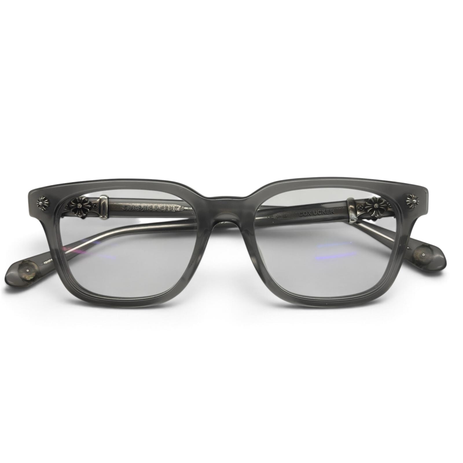 CHROME HEARTS 美品 クロムハーツ COX UCKER コックス アッカー CHクロス ウェリントン サングラス メガネ 52□19-153 ケース付属 度入りクリアレンズ プラスチック シルバー クロム ABランク 中古 鑑定済 クロムメガネ