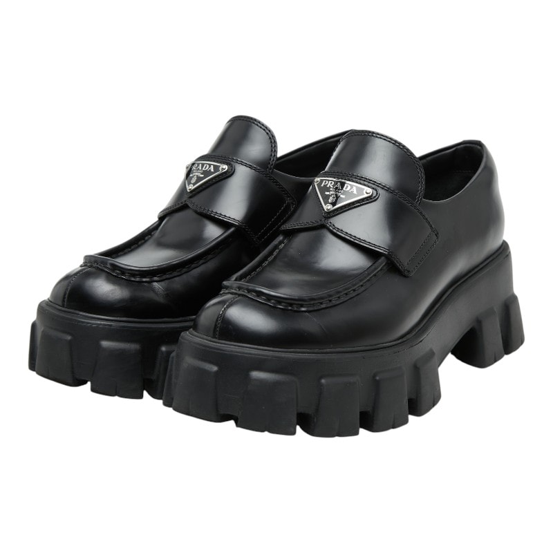 プラダ 三角ロゴプレート モノリス ローファー 厚底 サイズ37 1/2 649 ブラック ブラッシュドレザー レディース PRADA 【中古】