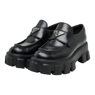 プラダ 三角ロゴプレート モノリス ローファー 厚底 サイズ37 1/2 649 ブラック ブラッシュドレザー レディース PRADA 【中古】
