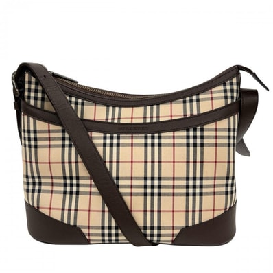 BURBERRY バーバリー ショルダーバッグ ノバチェック ロゴ 肩掛け キャンバス レザー ベージュ ブラウン 茶 シルバー金具 レディース 美品【中古品】