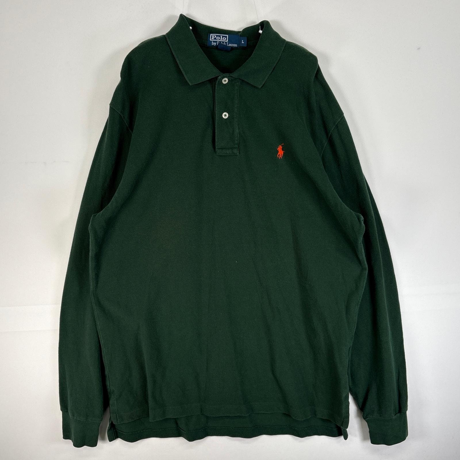 古着 90's/90年代 ポロバイラルフローレン Polo by Ralph Lauren 鹿の子 長袖 ポロシャツ ロゴ 刺繍 2ボタン スリット L グリーン 無地 メンズ
