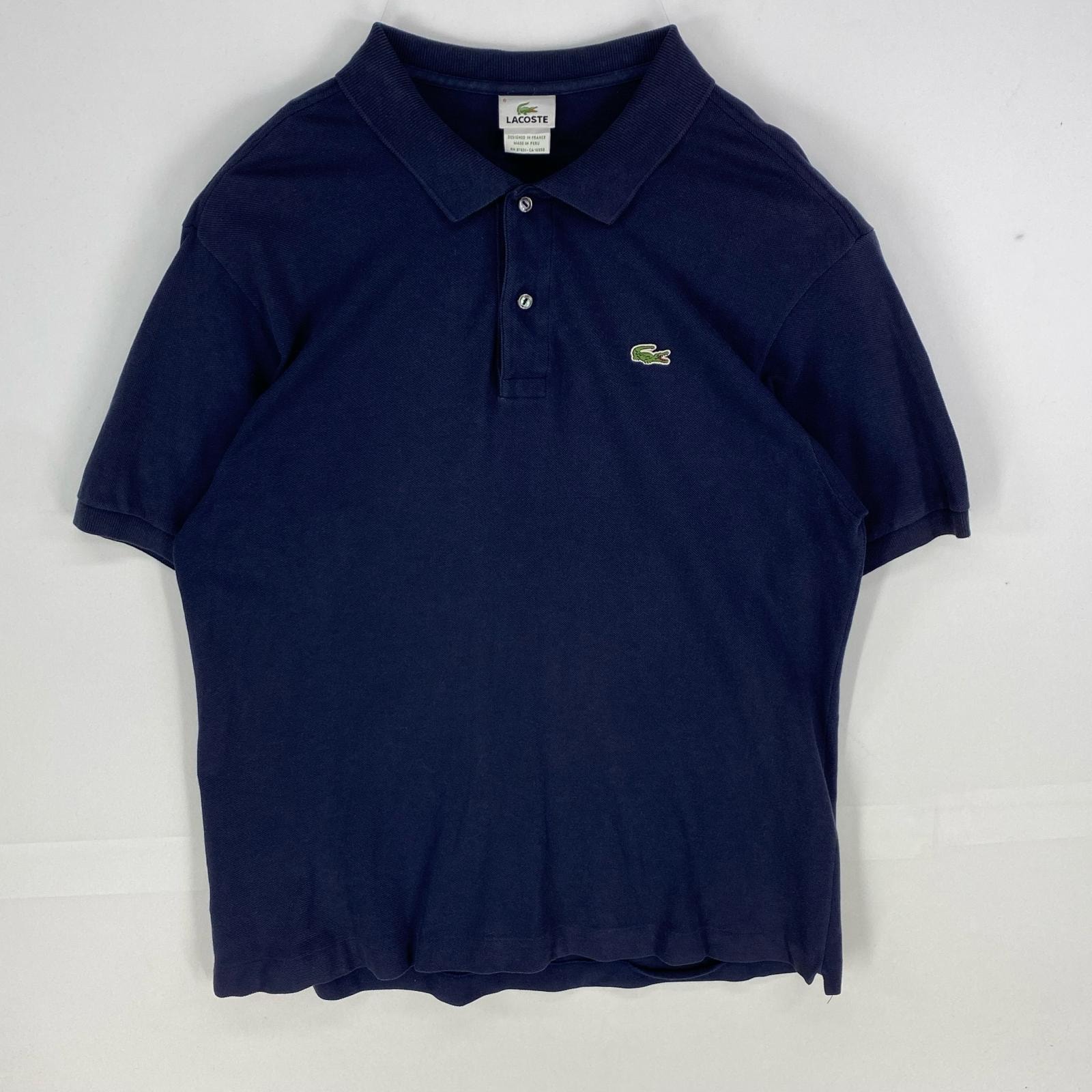 古着 ラコステ LACOSTE 鹿の子 半袖シャツ ワンポイント ワッペン ロゴ ポロシャツ FR6=US XL〜XXL  ネイビー系 無地 メンズ