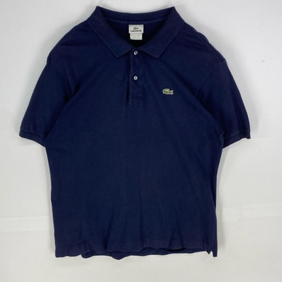 古着 ラコステ LACOSTE 鹿の子 半袖シャツ ワンポイント ワッペン ロゴ ポロシャツ FR6=US XL〜XXL ネイビー系 無地 メンズ