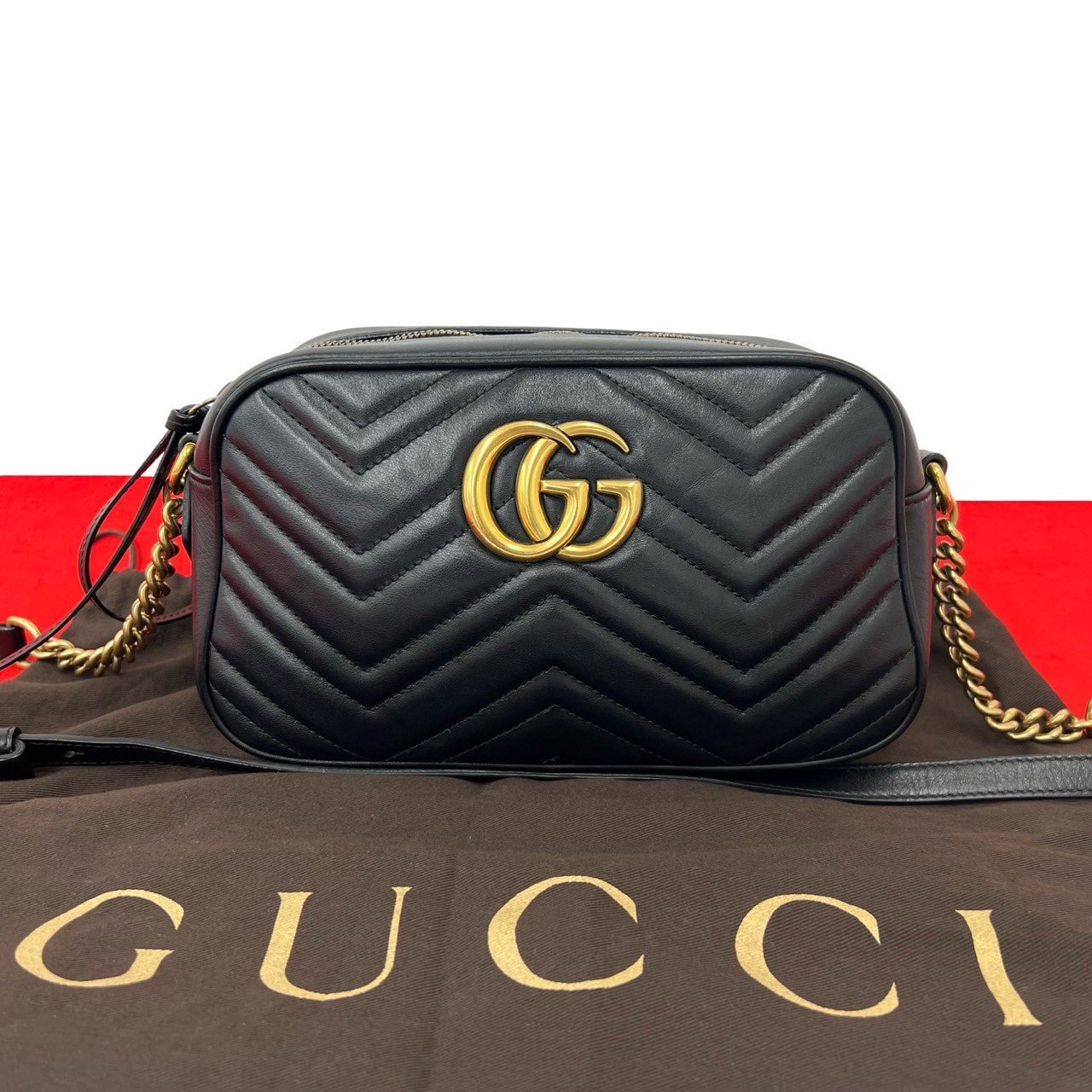 GUCCI グッチ GGマーモント ロゴ 金具 キルティング レザー ショルダーバッグ ブラック
 91143