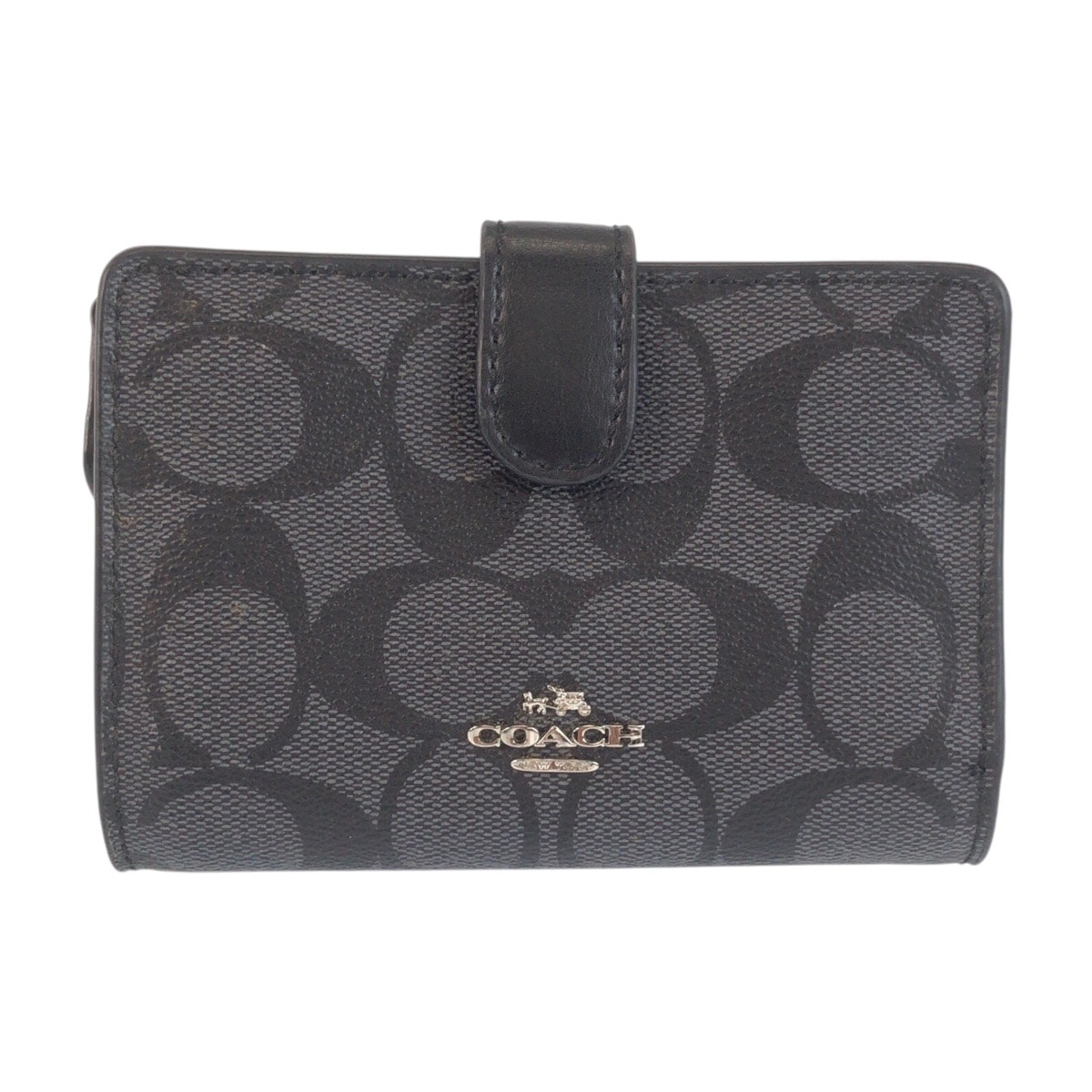 COACH コーチ シグネチャー グレー ブラック シルバー金具 レザー PVC/ 折り財布 コンパクトウォレット 601892 【中古】