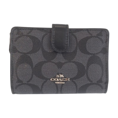 COACH コーチ シグネチャー グレー ブラック シルバー金具 レザー PVC/ 折り財布 コンパクトウォレット 601892 【中古】