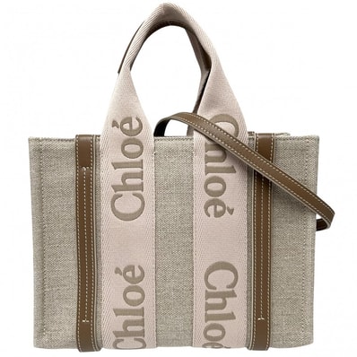 Chloe クロエ 2WAY WOODY ウッディ スモールトートバッグ ハンドバッグ ショルダーバッグ 肩掛け 斜め掛け CHC23AS397L1726Y リネンキャンバス カーフスキン ベージュ ブラウン 茶 ゴールド金具 レディース 美品【中古品】