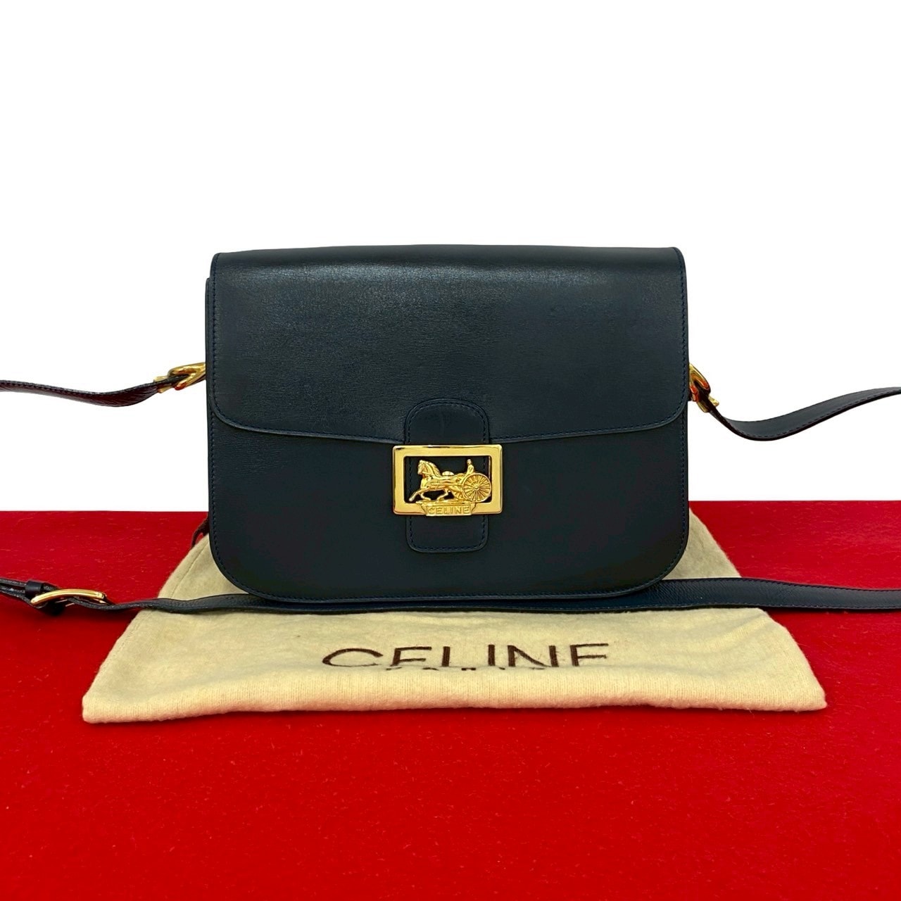 CELINE セリーヌ ロゴ 馬車金具 カーフ レザー ショルダーバッグ ネイビー
 235-8