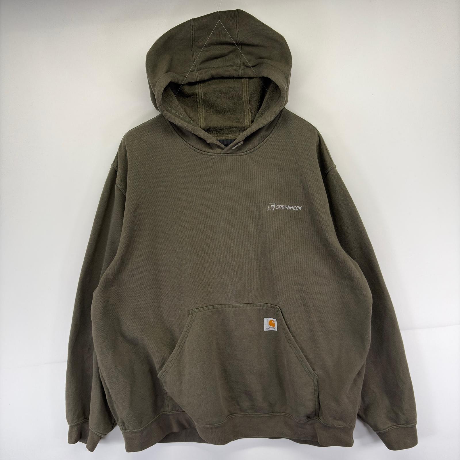 古着 カーハート Carhartt パーカー プルオーバー ワンポイント スウェット ロゴ ポケット 大きいサイズ 2XL  グリーン系 メンズ