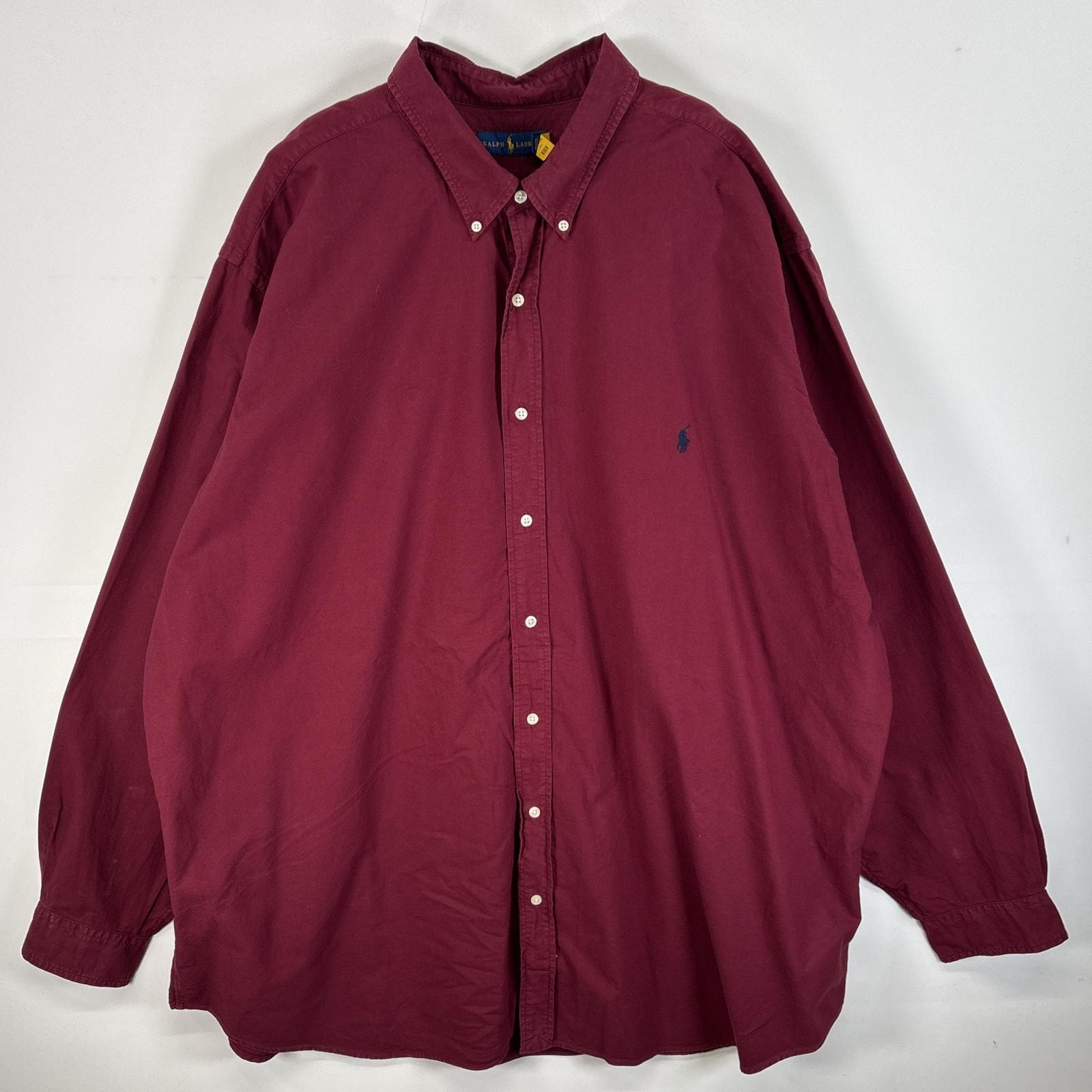 古着 ラルフローレン RALPH LAUREN 長袖シャツ ボタンダウンシャツ ロゴ 刺繍 大きいサイズ 4XLT  ワインレッド 無地 メンズ