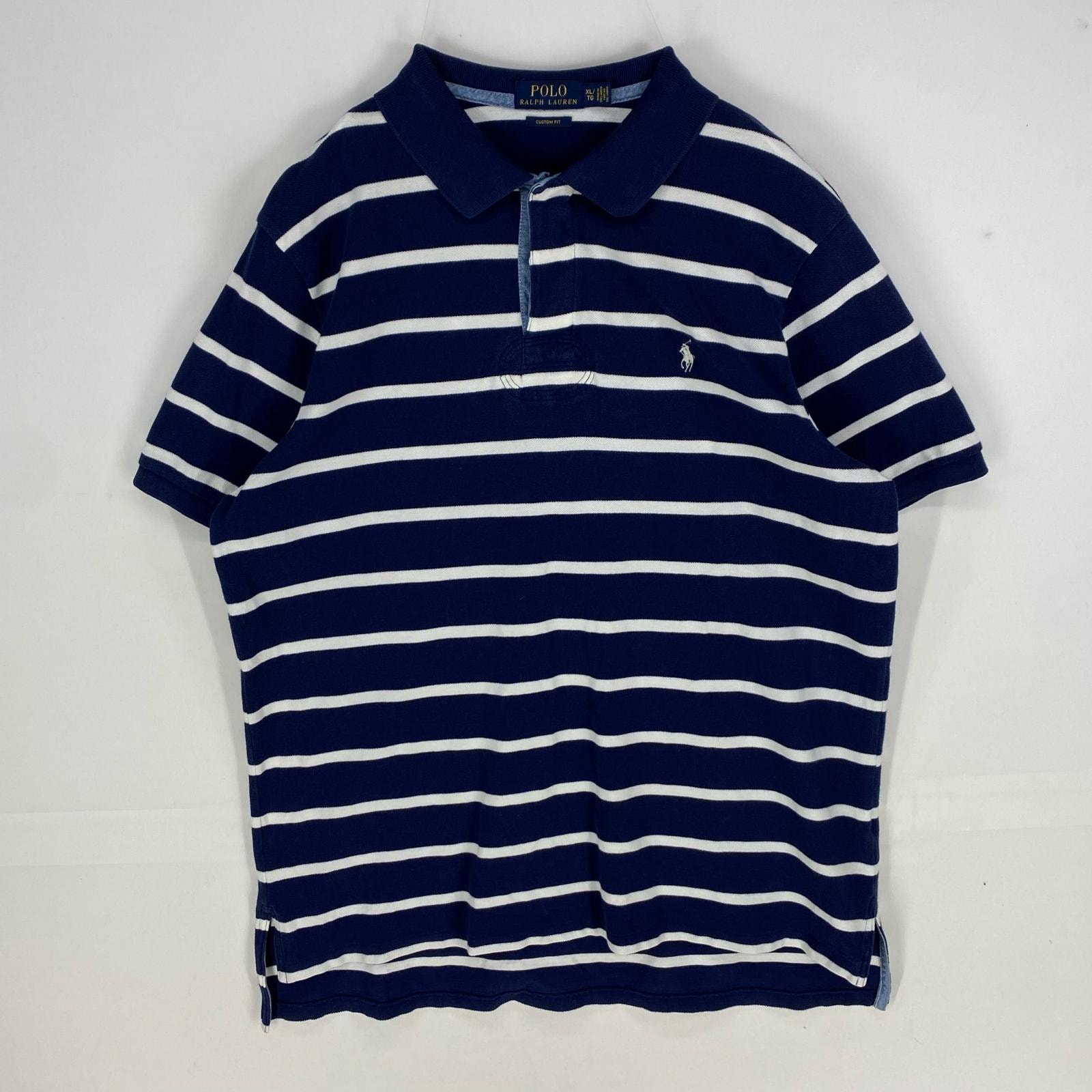 古着 ポロ・ラルフローレン POLO RALPH LAUREN 鹿の子 半袖シャツ ワンポイント 刺繍ロゴ ポロシャツ XL  ネイビー系 ボーダー メンズ
