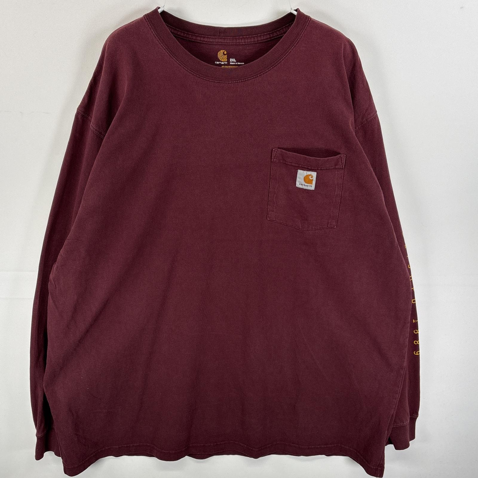 古着 カーハート Carhartt 長袖Tシャツ ワンポイント ロゴ 袖プリント 大きいサイズ 2XL  ワインレッド メンズ