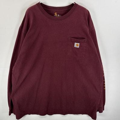 古着 カーハート Carhartt 長袖Tシャツ ワンポイント ロゴ 袖プリント 大きいサイズ 2XL ワインレッド メンズ